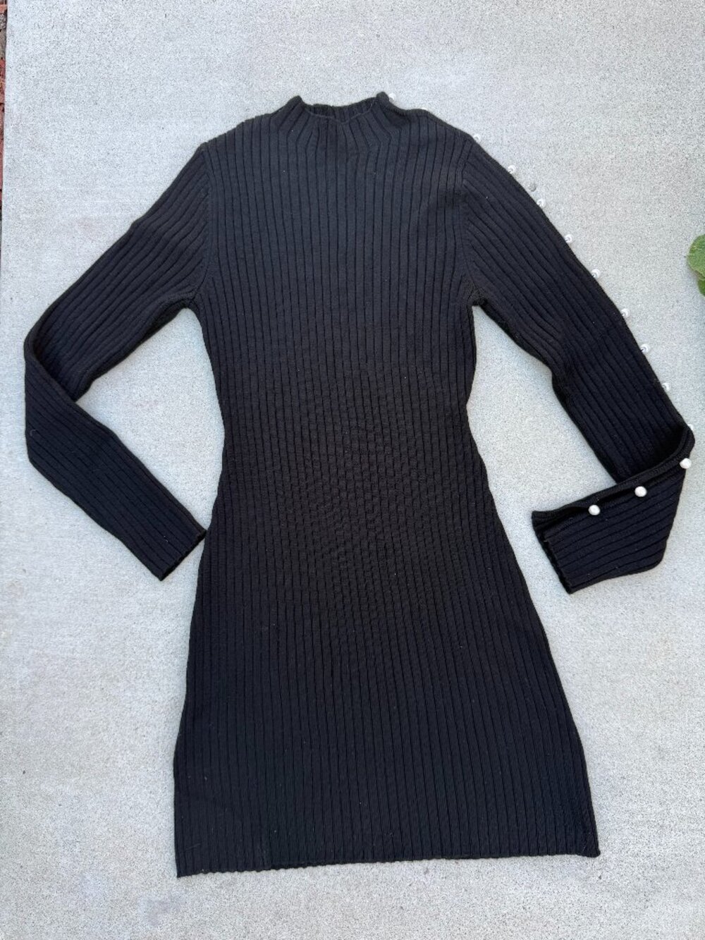Sandro Black Midi Knit Bodycon Dress with Pearls Long Sleeves Women's Size Small
